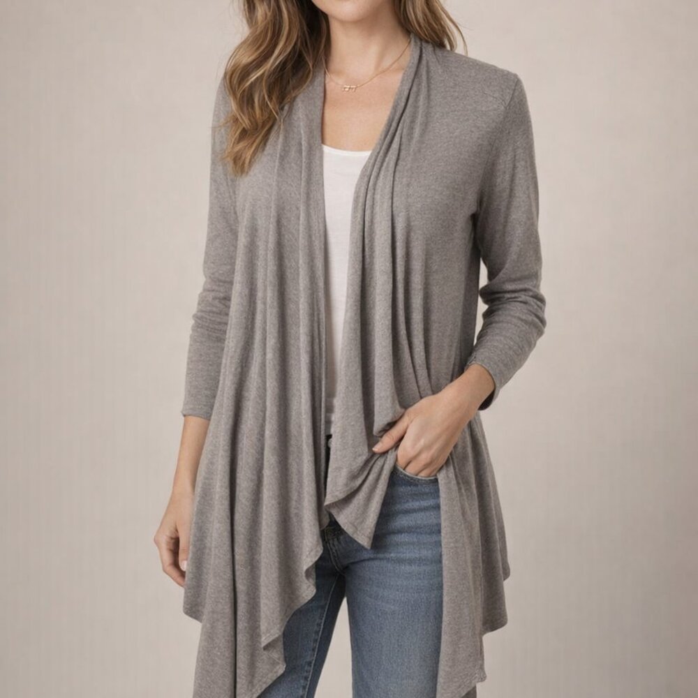 Van Heusen Neutral Gray Taupe Open Front Cardigan Lightweight Draped Layering  M